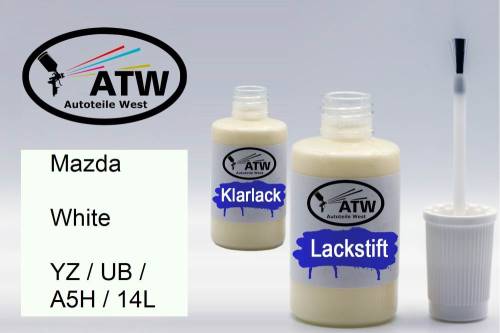 Mazda, White, YZ / UB / A5H / 14L: 20ml Lackstift + 20ml Klarlack - Set, von ATW Autoteile West.